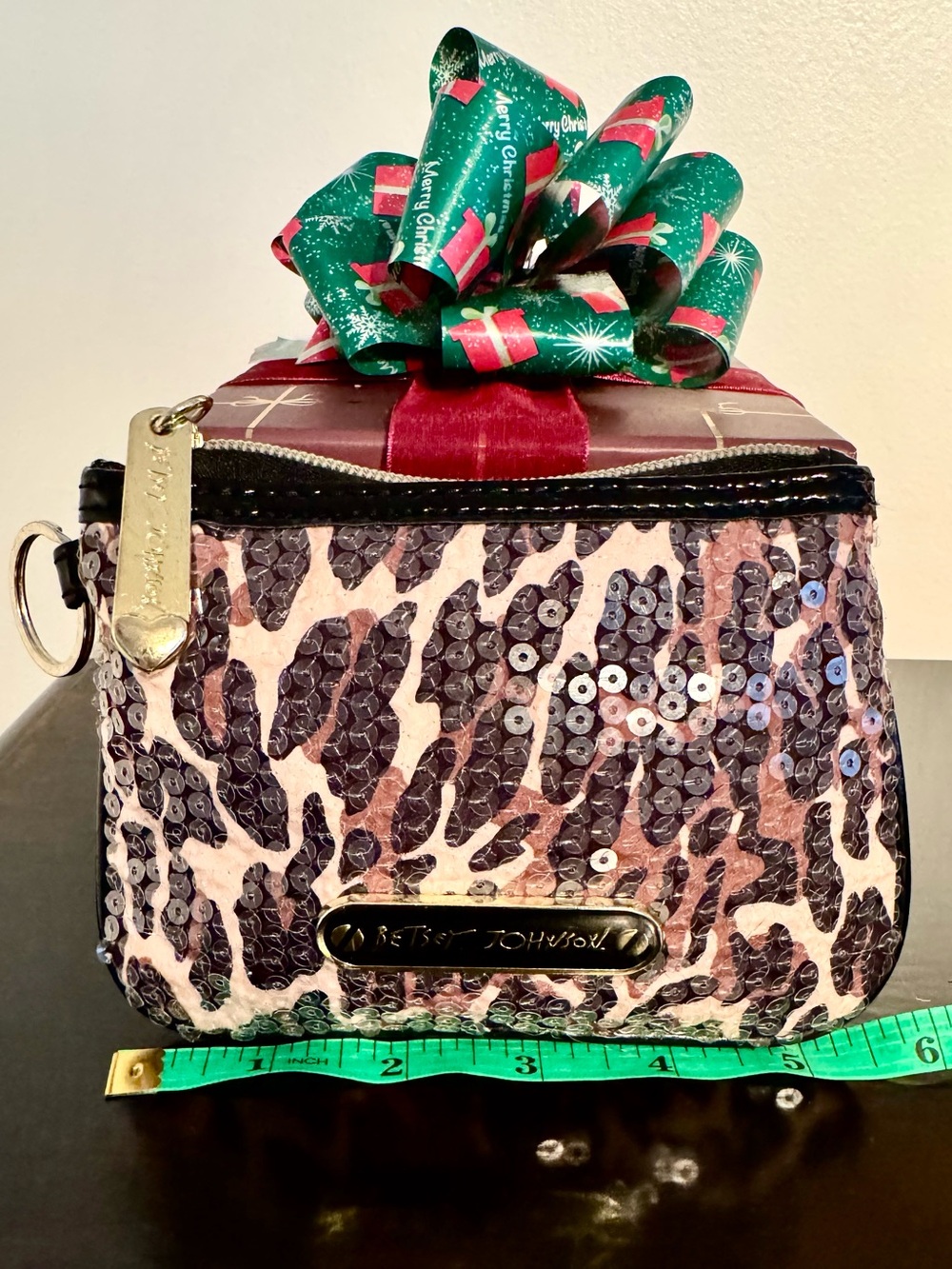 NWOT Betsey Johnson Leopard Sequin Wristlet Pouch Keychain